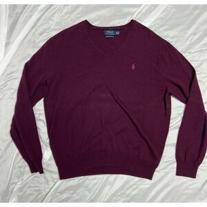 Polo Ralph Lauren, V Neck Sweater, Burgundy, Washable Merino Wool, Men's XL
